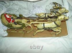 All ORIGINAL 1906 Hubley cast iron wheeled SANTA in Sleigh & 2 Reindeer complete