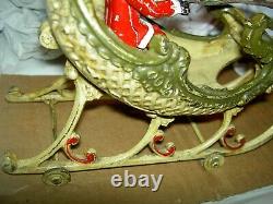 All ORIGINAL 1906 Hubley cast iron wheeled SANTA in Sleigh & 2 Reindeer complete