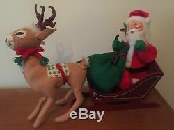 Annalee 18 inch Santa in Sleigh with 18 inch Reindeer and Green Burlap Sack