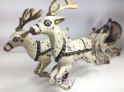 Antique 1906 HUBLEY White Cast Iron (2) TWO REINDEER Drawn Sleigh withSanta