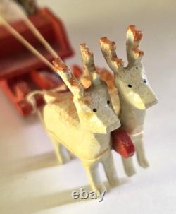 Antique 1920s Erzgebirge Santa Reindeer Sleigh Putz Wood Germany Rare VGC