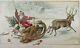 Antique 19th C Chromolithograph Print Santa Reindeer Sleigh Christmas 16 X 10