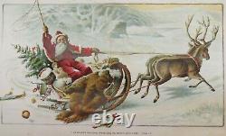 Antique 19th C Chromolithograph Print SANTA REINDEER SLEIGH CHRISTMAS 16 X 10