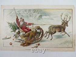 Antique 19th C Chromolithograph Print SANTA REINDEER SLEIGH CHRISTMAS 16 X 10