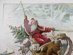 Antique 19th C Chromolithograph Print SANTA REINDEER SLEIGH CHRISTMAS 16 X 10