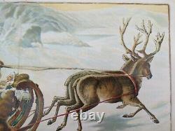 Antique 19th C Chromolithograph Print SANTA REINDEER SLEIGH CHRISTMAS 16 X 10