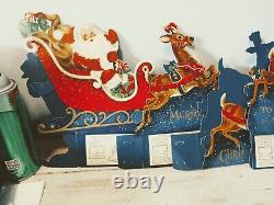 Antique 50s Santa Sleigh Reindeer 3d Die Cut Xmas Christmas Holiday Decor1950s