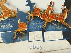 Antique 50s Santa Sleigh Reindeer 3d Die Cut Xmas Christmas Holiday Decor1950s