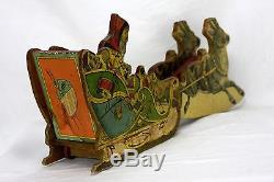 Antique Bliss Lithographed Wood Santa, Sleigh, Reindeer Pull Toy ca1910