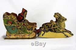 Antique Bliss Lithographed Wood Santa, Sleigh, Reindeer Pull Toy ca1910