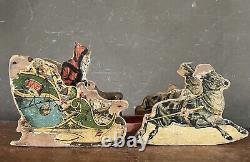 Antique Bliss Santa Sleigh & Reindeer Paper Litho Wood Toy Vintage Christmas