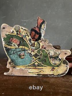 Antique Bliss Santa Sleigh & Reindeer Paper Litho Wood Toy Vintage Christmas