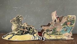 Antique Bliss Santa Sleigh & Reindeer Paper Litho Wood Toy Vintage Christmas