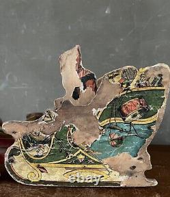 Antique Bliss Santa Sleigh & Reindeer Paper Litho Wood Toy Vintage Christmas