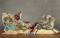 Antique Bliss Toy Co. Santa & Reindeer In Wooden Sleigh Vintage Christmas Litho