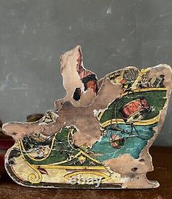 Antique Bliss Toy Co. Santa & Reindeer In Wooden Sleigh Vintage Christmas Litho