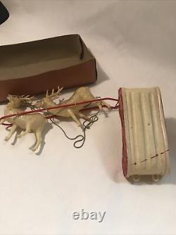 Antique Celluloid Santa Sleigh & Reindeer in Box Japan 1930s Vintage