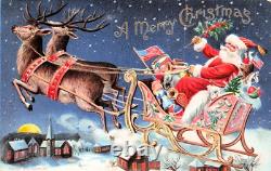 Antique Christmas Large Santa Sleigh Reindeer US Flag Patriotic Vtg Postcard G57