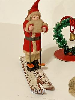 Antique Christmas Santa Ski Chenille Elves Celluloid Santa&Sleigh Reindeer JAPAN