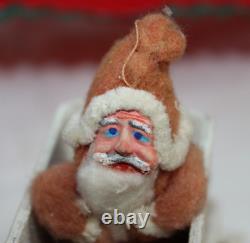 Antique Clay Face SANTA Putz SLED celluloid Reindeer Christmas Ornament Japan