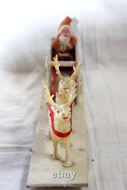 Antique Clay Face SANTA Putz SLED celluloid Reindeer Christmas Ornament Japan