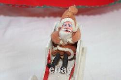 Antique Clay Face SANTA Putz SLED celluloid Reindeer Christmas Ornament Japan