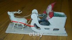 Antique Clay Faced Santa in Sleigh Celluloid Reindeer