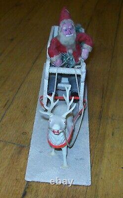 Antique Clay Faced Santa in Sleigh Celluloid Reindeer