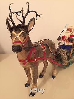 Antique German Composition Santa Claus Reindeer Sleigh 20 Figure Christmas Toy