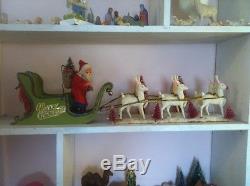 Antique German Composition Santa Claus Sleigh 6 Vintage Reindeer Large