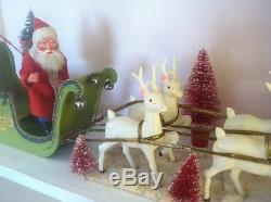 Antique German Composition Santa Claus Sleigh 6 Vintage Reindeer Large