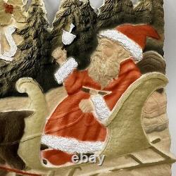 Antique German Pressed Pulp Paper Santa Claus Merry Christmas Sleigh Reindeer