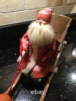 Antique German Rare Santa on Wood Sleigh with Reindeer