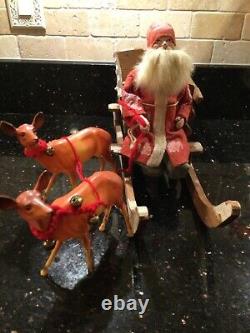 Antique German Rare Santa on Wood Sleigh with Reindeer