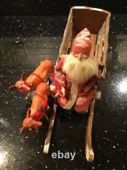 Antique German Rare Santa on Wood Sleigh with Reindeer