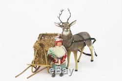 Antique German Reindeer Candy Container Pulling Santa in Loofah Sleigh ca1905
