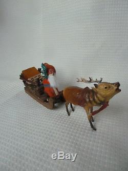 Antique German Reindeer Pulling Santa Loofah Sleigh WithToys 10