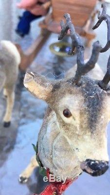 Antique German SANTA CLAUS in SLEIGH PAIR of CANDY CONTAINER REINDEER