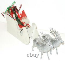 Antique German Santa Claus Paper Mache Candy Container & Sleigh & Metal Reindeer