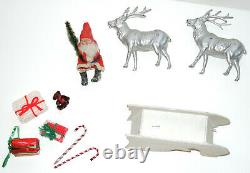 Antique German Santa Claus Paper Mache Candy Container & Sleigh & Metal Reindeer