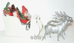 Antique German Santa Claus Paper Mache Candy Container & Sleigh & Metal Reindeer