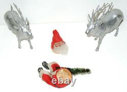 Antique German Santa Claus Paper Mache Candy Container & Sleigh & Metal Reindeer