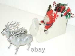 Antique German Santa Claus Paper Mache Candy Container & Sleigh & Metal Reindeer