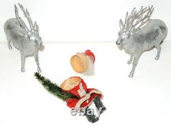 Antique German Santa Claus Paper Mache Candy Container & Sleigh & Metal Reindeer