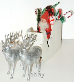 Antique German Santa Claus Paper Mache Candy Container & Sleigh & Metal Reindeer