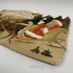 Antique German Santa Claus Pressed Pulp Paper Merry Christmas Sleigh Reindeer