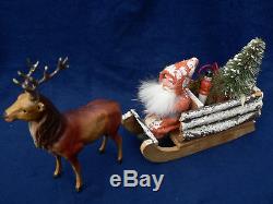 Antique German Santa Log Sleigh Candy Container WithReindeer Tree & Toys Christmas