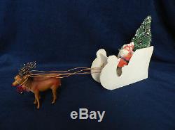 Antique German Santa Sleigh Candy Container With 2-Putz Reindeer Marked 13