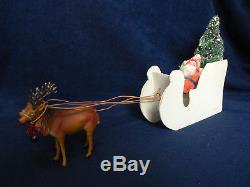 Antique German Santa Sleigh Candy Container With 2-Putz Reindeer Marked 13