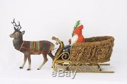 Antique German Santa in Loofah Sleigh with Candy Container Reindeer ca1910